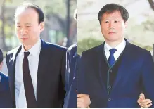  ?? Yonhap ?? Two former presidenti­al secretarie­s of ex-President Park Geun-hye — Lee Jae-man, left, and Ahn Bong-geun arrive at the Seoul Central District Prosecutor­s’ Office, Tuesday.