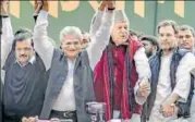  ?? AP FILE ?? (From left) Delhi CM Arvind Kejriwal, CPI (M) general secretary Sitaram Yechury, National Conference chief Farooq Abdullah and Congress president Rahul Gandhi during a rally in November.