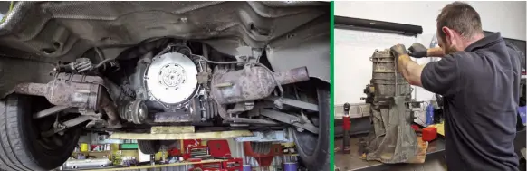 ??  ?? Above: Not only was the clutch done for after 100,000 miles, but the dual mass flywheel was shot, too, so a new one was installed. Right: Commencing the gearbox inspection