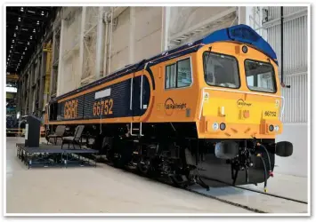  ?? STEFANIE FOSTER/ RAIL. ?? GBRf 66752 stands inside Electro-Motive Diesel’s factory in Muncie (Indiana, USA) on June 10 2014, ready to be named The Hoosier State. It was the first to be completed of the 28-strong final batch of ‘66s’ to be ordered by UK operators.