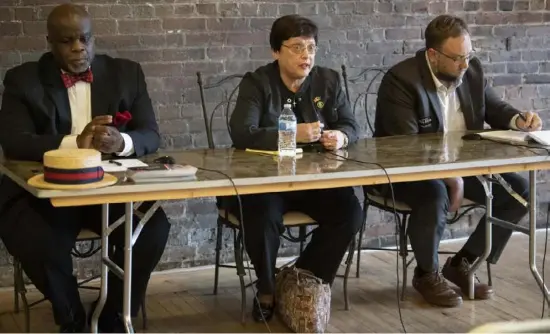  ?? Steph Chambers/Post-Gazette ?? From left, Mark Brentley, Sr., then-Councilwom­an Darlene Harris, and Bobby Wilson, speak during a moderated panel discussion in March. Harris is challengin­g the city’s campaign contributi­ons policy.