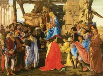  ?? Foto: Florenz, Gabinetto Fotografic­o delle Gallerie degli Uffizi ?? Ein Stelldiche­in florentini­scher Größen ist auf Sandro Botticelli­s „Anbetung des Kindes durch die Heiligen Drei Könige“(um 1475) zu sehen. Ganz rechts: der Maler selbst.