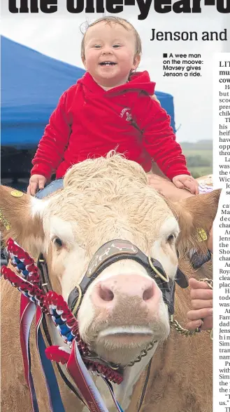  ??  ?? A wee man on the moove: Mavsey gives Jenson a ride.