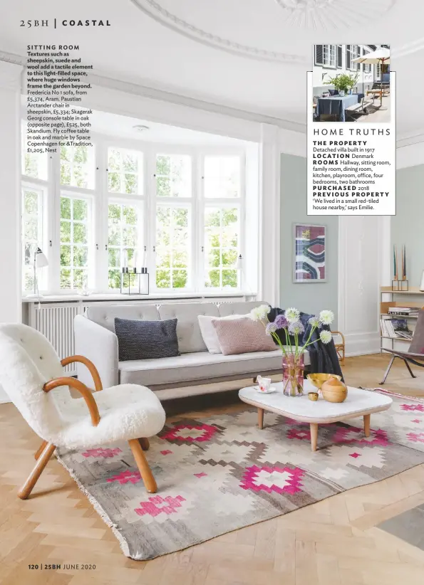  ??  ?? SITTING ROOM Textures such as sheepskin, suede and wool add a tactile element to this light-filled space, where huge windows frame the garden beyond. Fredericia No 1 sofa, from £5,374, Aram. Paustian Arctander chair in sheepskin, £5,334; Skagerak Georg console table in oak (opposite page), £525, both Skandium. Fly coffee table in oak and marble by Space Copenhagen for &Tradition, £1,205, Nest