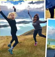  ??  ?? From left (clockwise): Oprah by Lake Hawea; Reese’s acro yoga; and joining Mindy for a Remarkable view.