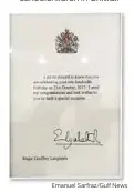  ?? Emanuel Sarfraz/Gulf News ?? A birthday message sent by Britain’s Queen Elizabeth to Geoffrey Langlands.