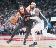  ?? NATHAN DENETTE THE CANADIAN PRESS ?? Dalano Banton, seen driving past former Raptor Terrence Ross, is playing 18 minutes a night as a tempo-changer and disruptive defender, while improving his feel for the game.