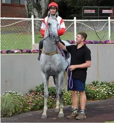  ?? Photo: GLEN McCULLOUGH ?? GOOD LOOKER: Goldmarket hopeful Upstart Pride at Clifford Park yesterday with jockey Michael Schrapel and strapper Nick Hahn.