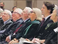  ?? CP PHOTO ?? Former Governor General Adrienne Clarkson, from right, Prime Minister Justin Trudeau; Hanne Strong, wife of Maurice Strong; Governor General David Johnston; former prime Minister Joe Clark and former Prime Minister Paul Martin attend a commemorat­ion...