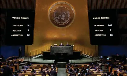  ?? Photograph: Timothy A Clary/AFP/Getty Images ?? The vote count at the UN’s special session, in which 141 countries called for Russia’s immediate and unconditio­nal withdrawal from Ukraine.