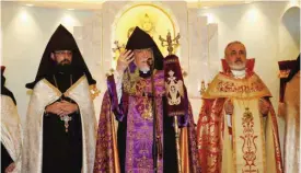  ??  ?? Aram I, the Chatolicos of the Armenian Church speaks during a ceremony to consecrate the church of Armenia in Kuwait.— Photos by Joseph Shagra