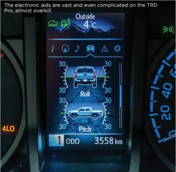  ??  ?? The electronic aids are vast and even complicate­d on the TRD Pro, almost overkill.