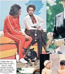  ??  ?? Public life: on Blue Peter in 1971, above; with Charles in 1954, right; meeting the forces in 1999, below