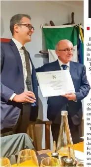  ?? ?? The consul of Italy in Cape Town, Dr Emanuele Pollio (left), awards Dr Giovanni Coci the Order of the Star of Italy (Ordine della Stella d’Italia).