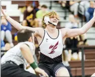  ?? NATE HECKENBERG­ER - FOR MEDIANEWS GROUP ?? Oxford’s Jeremy McKinney celebrates after pinning Downingtow­n West’s Mason Hale in the 189-pound final.