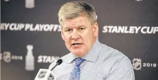  ?? SERGEI BELSKI-USA TODAY SPORTS ?? Calgary Flames head coach Bill Peters talks to the media after a game against the Colorado Avalanche during the first round of the 2019 Stanley Cup playoffs at Scotiabank Saddledome in Calgary.