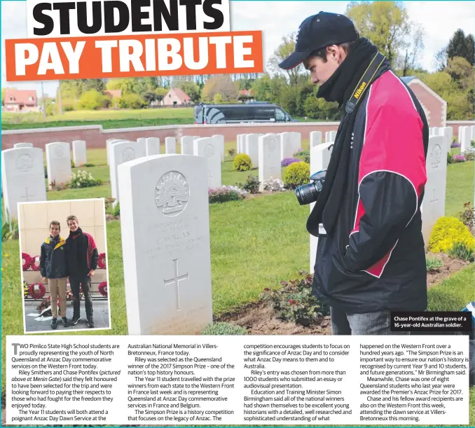  ?? Chase Pontifex at the grave of a 16- year- old Australian soldier. ??