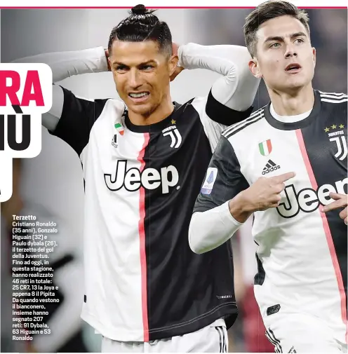  ??  ?? Terzetto Cristiano Ronaldo (35 anni), Gonzalo Higuain (32) e Paulo dybala (26), il terzetto del gol della Juventus. Fino ad oggi, in questa stagione, hanno realizzato 46 reti in totale: 25 CR7, 13 la Joya e appena 8 il Pipita Da quando vestono il bianconero, insieme hanno segnato 207 reti: 91 Dybala, 63 Higuain e 53 Ronaldo