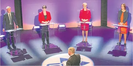  ?? Picture: PA. ?? Bernard Ponsonby presents the debate with Scottish Lib Dem leader Willie Rennie, Scottish Conservati­ve leader Ruth Davidson, SNP leader Nicola Sturgeon and Scottish Labour leader Kezia Dugdale.