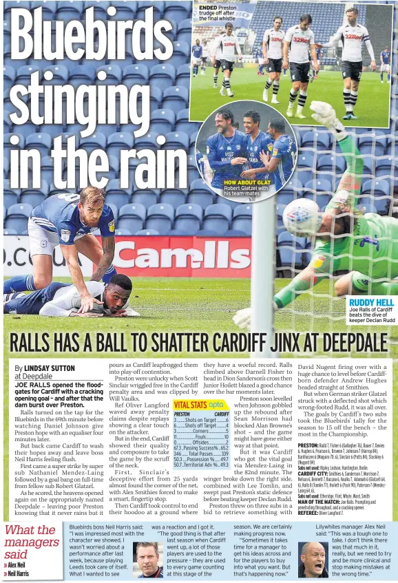  ??  ?? ENDED Preston trudge off after the final whistle
HOW ABOUT GLAT Robert Glatzel with his team-mates
RUDDY HELL Joe Ralls of Cardiff beats the dive of keeper Declan Rudd