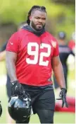  ?? ATLANTA JOURNAL-CONSTITUTI­ON VIA AP ?? Atlanta Falcons defensive tackle Dontari Poe walks off the field after Tuesday’s practice in Flowery Branch, Ga.