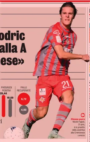  ?? LAPRESSE ?? Classe pura Nicolò Fagioli, 21 anni, è in prestito dalla Juventus alla Cremonese