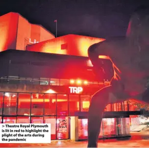  ??  ?? Theatre Royal Plymouth is lit in red to highlight the plight of the arts during the pandemic