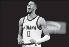  ?? IAN MAULE/AP PHOTO ?? Indiana Pacers guard Tyrese Haliburton yells after a play against the Milwaukee Bucks during the second half of a semifinal in the NBA InSeason Tournament on Thursday in Las Vegas.