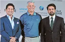  ?? — ASIAN AGE ?? Sachin Tendulkar ( from left), ICC chief executive David Richardson and BCCI secretary Anurag Thakur at a Unicef event in New Delhi on Monday.