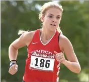  ?? RECORDER PHOTO BY CHIEKO HARA ?? Lindsay High School’s Mckaylie Caesar placed first and set the school’s record Wednesday at an East Sequoia League meet at Granite Hills High School.