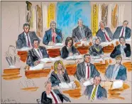  ?? DANA VERKOUTERE­N VIA AP ?? IMPEACHMEN­T: TRUMP ON TRIAL
This artist sketch depicts the Republican side of the Senate during defense arguments Tuesday.