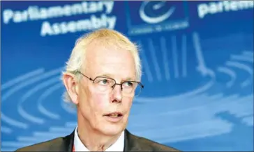  ?? AFP ?? Tiny Kox, president of the COE’s Parliament­ary Assembly, attends a press conference on Monday at the COE in Strasbourg, northeaste­rn France.