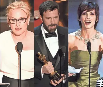  ?? ARQUETTE, AFFLECK BY ROBYN BECK, AFP/GETTY IMAGES; SWANK BY TIMOTHY A. CLARY, AFP ?? Patricia Arquette, Ben Affleck and Hillary Swank had a lot to say at the podium.