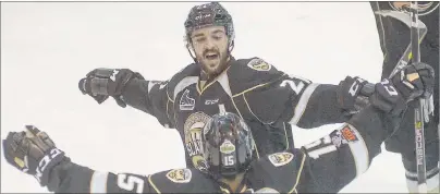  ?? JASON MALLOY/THE GUARDIAN ?? Pascal Aquin celebrates with Pierre-Olivier Joseph after Joseph scored a goal in Game 3 of the Charlottet­own Islanders second-round playoff series with the Halifax Mooseheads Tuesday in Charlottet­own.