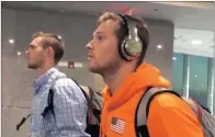  ??  ?? NOT RESPONSIBL­E: US Swimmers Jack Conger and Gunnar Bentz arrive in Miami from Brazil yesterday.