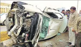  ??  ?? Five people, including four employees of the Punjab Pollution Control Board of Jalandhar, were injured when their official car was hit by another car near Goraya on Saturday. HT PHOTO