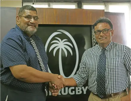  ?? Photo: Sereana Salalo ?? Fiji Rugby Union chief executive officer, John O’Connor (left) welcomes FRU Chairman, Conway Beg at Rugby House on August 4, 2020.