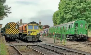  ?? STEPHEN MORLEY ?? MLVs Nos. 68001 and 68002, Class 66 No. 66415 You Are Never Alone and D3462 at Alresford.