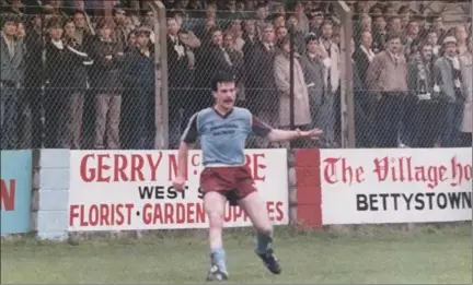  ??  ?? Pat Mohan in action for Drogheda United in the home leg of their Uefa Cup tie against Tottenham Hotspur at a packed United Park.