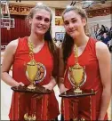  ?? Scott Ericson / Hearst Connecticu­t Media ?? Seymour’s Kenzie Sirowich, left, and Sacred Heart Academy’s Rosa Rizzitelli after the JCC Schoolgirl Classic on Sunday. Sirowich won the MVP and Rizzitelli the hustle award.