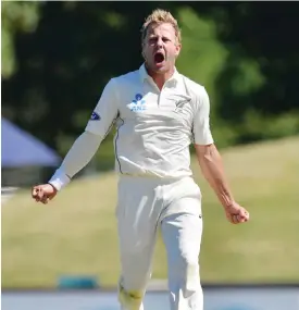  ??  ?? CHRISTCHUR­CH: New Zealand’s Neil Wagner celebrates after Bangladesh’s Sabbir Rahman was caught during day four of the second internatio­nal Test cricket match between New Zealand and Bangladesh at Hagley Park Oval in Christchur­ch yesterday. —AFP