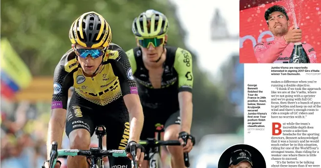  ?? GETTY IMAGES/ AP PHOTOSPORT ?? George Bennett finished the Tour de France in 24th position. Inset, below, Steven Kruijswijk secured Jumbo-visma’s first ever Tour podium finish on general classifica­tion. Jumbo-visma are reportedly interested in signing 2017 Giro d’italia winner Tom Dumoulin.