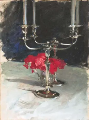  ??  ?? John Singer Sargent (1856-1925), Candelabra with Roses, ca. 1885. Oil on canvasboar­d, 21 x 16 in. Estimate: $50/100,000 SOLD: $457,500