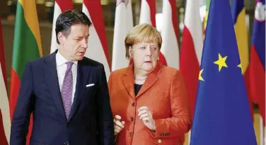  ?? Ansa ?? Avvisaglie Il presidente del Consiglio Giuseppe Conte e la cancellier­a tedesca Angela Merkel
