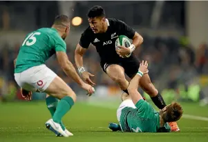  ?? GETTY IMAGES ?? Rieko Ioane, here playing against Ireland last year, has not scored a try in his past four tests. Previously, he had never gone more than two games without crossing the chalk.