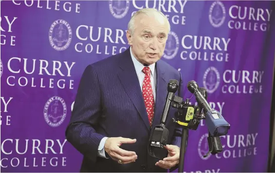  ?? STAFF PHOTOS, ABOVE BY NICOLAUS CZARNECKI, LEFT AND RIGHT BY JOHN WILCOX ?? PROTECT AND SERVE: Former Hub police Commission­er William Bratton, above, speaks at Curry College yesterday about how police should take cues from New York and L.A. cops to protect venues such as Fenway Park, left and right.