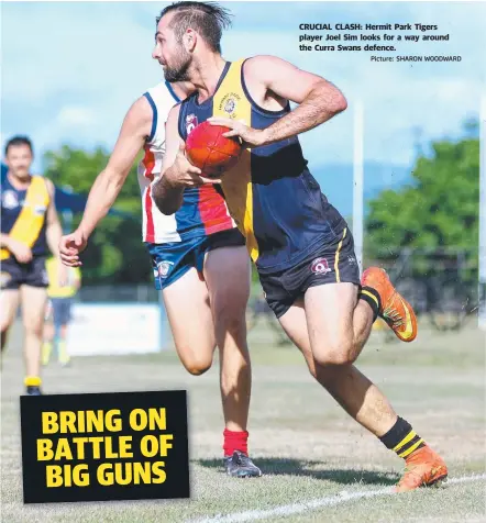  ?? Picture: SHARON WOODWARD ?? CRUCIAL CLASH: Hermit Park Tigers player Joel Sim looks for a way around the Curra Swans defence.