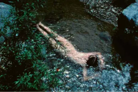  ??  ?? Cenas de ‘Creek’, filme de 1974, e, ao lado, no alto, ‘Corazón de Roca con Sangre’, de 1975, e, abaixo, ‘Burial Pyramid’, de 1974, todos na mostra da artista no Jeu de Paume, em Paris