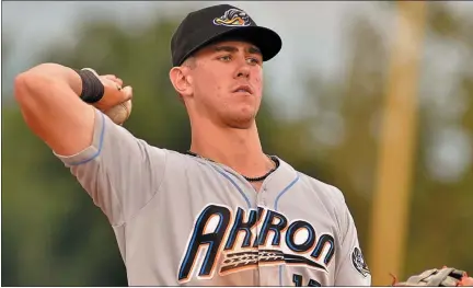  ?? KYLE FRANKO — MEDIA NEWS GROUP ?? Akron third baseman Nolan Jones in action against the Thunder on Tuesday night at Arm & Hammer Park.