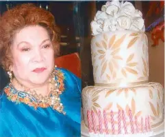  ??  ?? Celia Diaz Laurel with a far-away look, and the towering birthday cake whose candles signify her age.